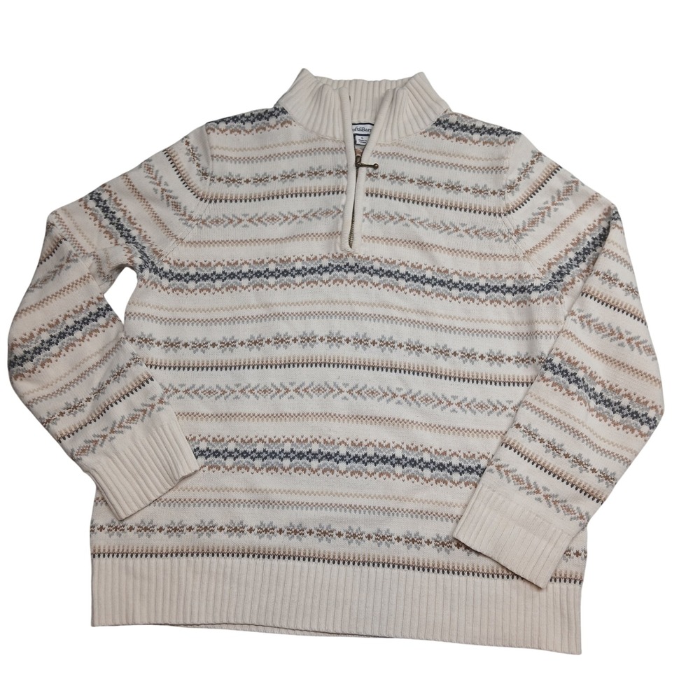 Croft & Barrow Mens Quarter Zip Fair‎ Isle Sweater Cream Tan Grey Size L